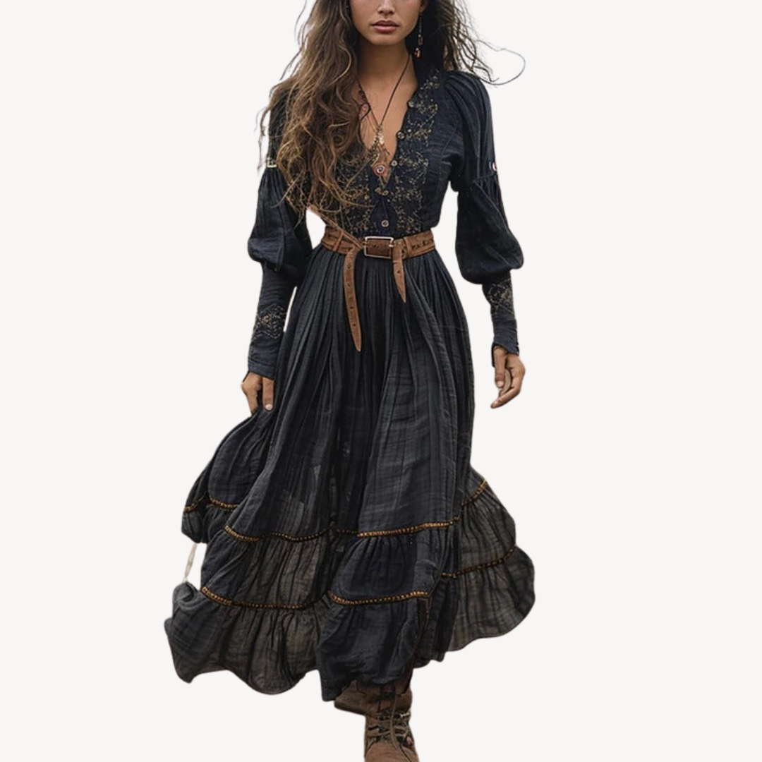 Boho Floral Embroidered Maxi Dress with Belt | Loravelle