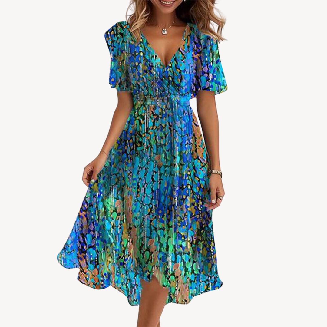 Print V-Neck Midi Dress Women | Loravelle