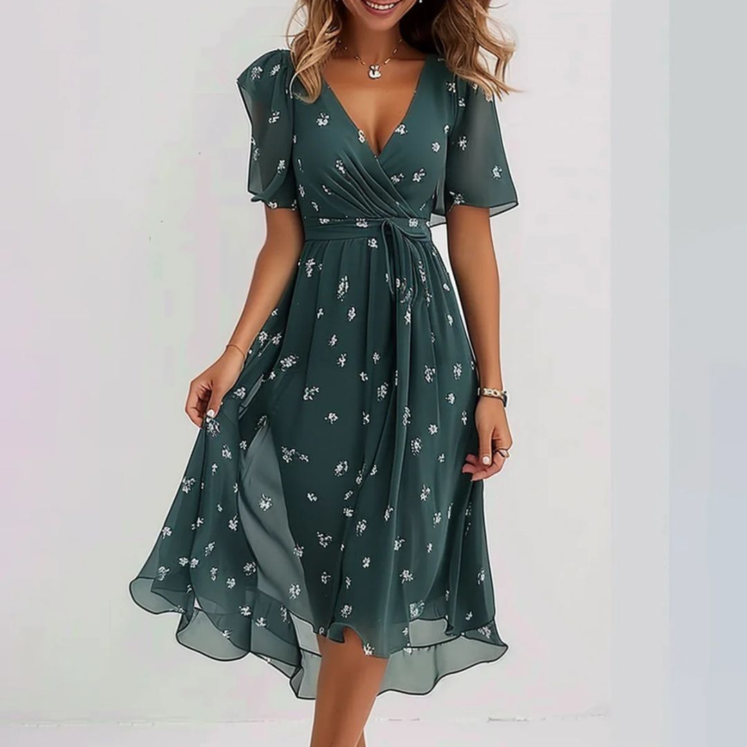 Chiffon Midi Dress Women Green Floral | Loravelle