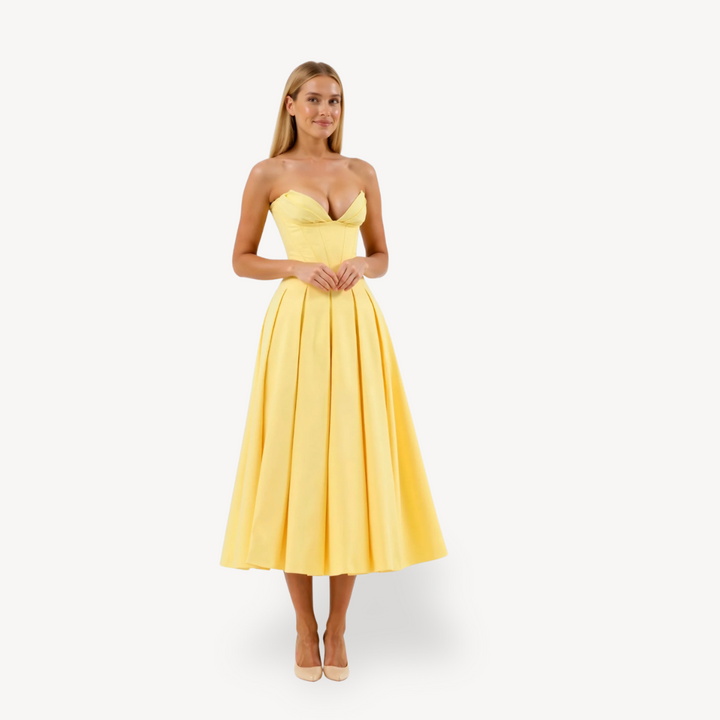 Women's Strapless Corset Pleated Midi Dress | Loravelle