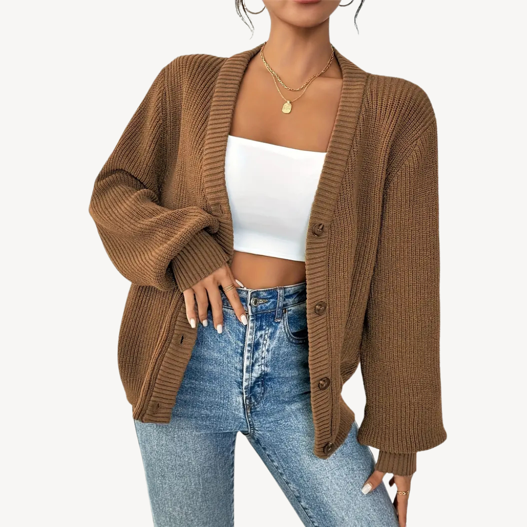 Women's V-Neck Drop Shoulder Cardigan Sweater | Loravelle
