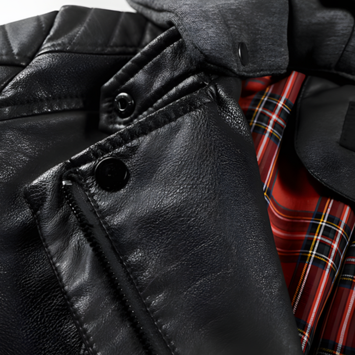 Loravelle | Women's Black Leather Jacket with Hood - Faux Leather, Plaid Lining, Stylish Biker Design - Winter Wear