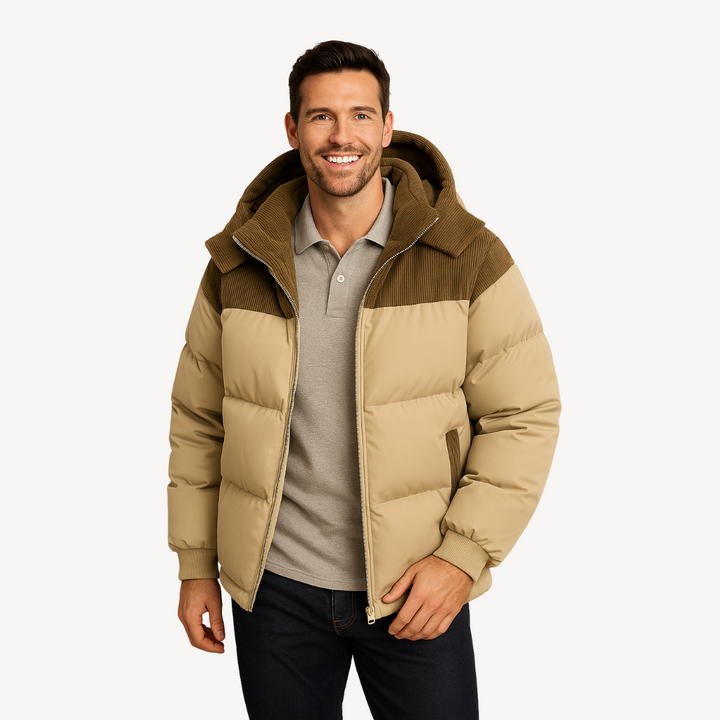 Men's Puffer Jacket with Corduroy Hood | Loravelle