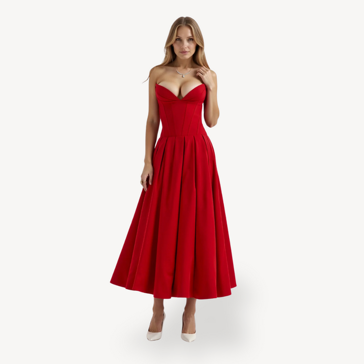 Women's Strapless Corset Pleated Midi Dress | Loravelle
