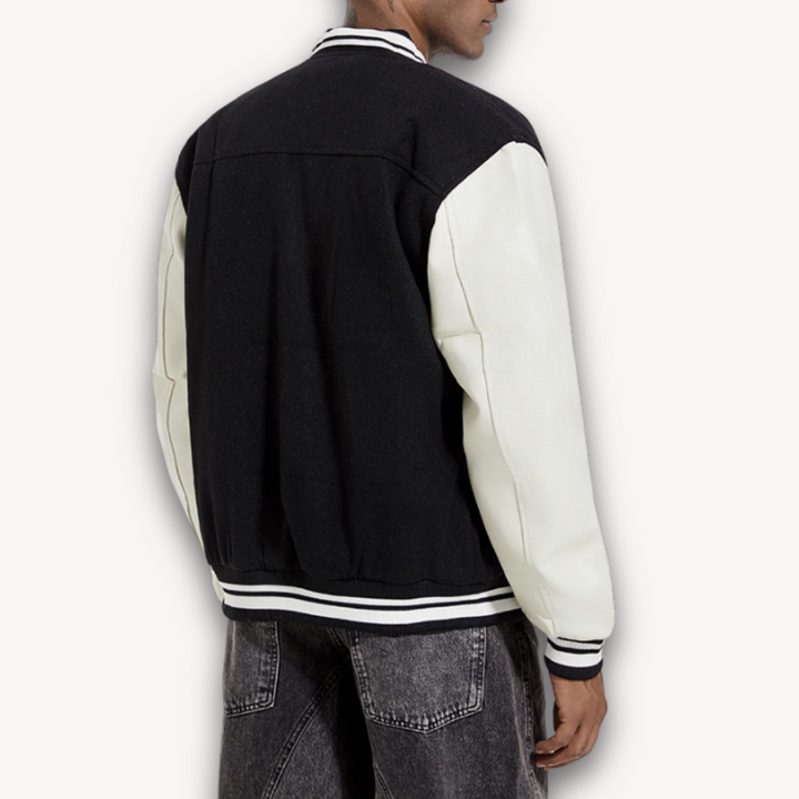 Loravelle | Men's Varsity Jacket - Wool Blend Body with Faux Leather Sleeves - Classic Letterman Style