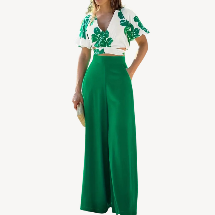 Women's High-Waisted Green Wide-Leg Pants | Loravelle
