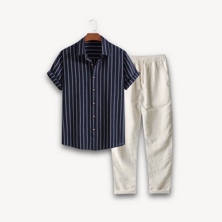 Loravelle | Men's Striped Linen Blend Shirt and Pants Set - Summer Casual Outfit - Lightweight and Breathable