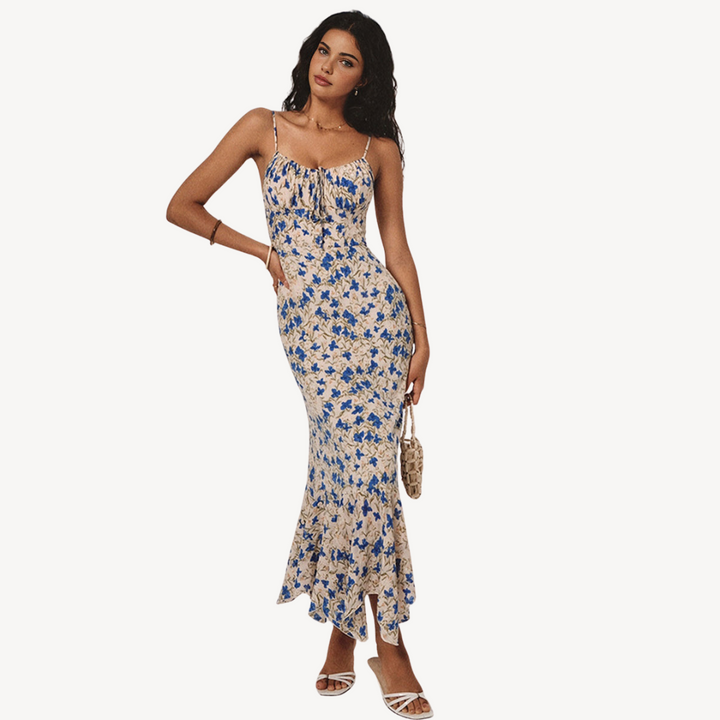Women’s Blue and Beige Floral Maxi Dress | Loravelle