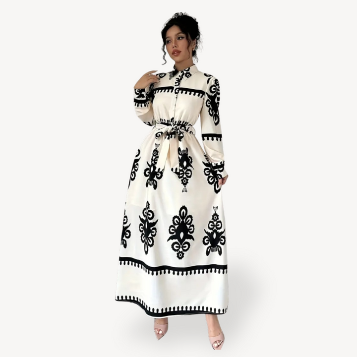 Black and White Floral Printed Maxi Dress with Belt for Women | Loravelle
