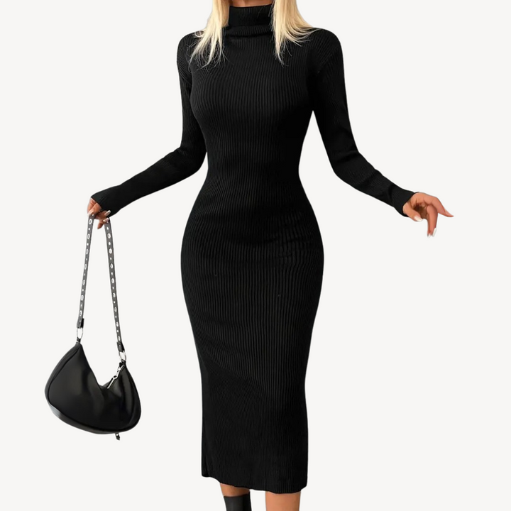 Black Ribbed Knit Turtleneck Dress for Women | Loravelle