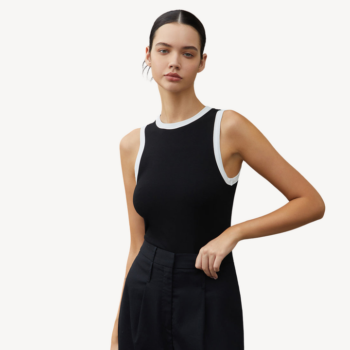 Black Sleeveless Tank Top with White Trim for Women | Loravelle