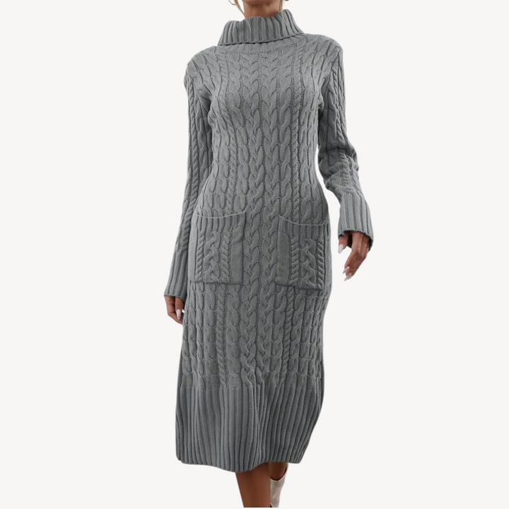 Grey Cable Knit Turtleneck Dress | Loravelle