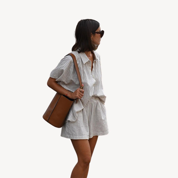 Textured Striped Linen Blend Short Set Women | Loravelle
