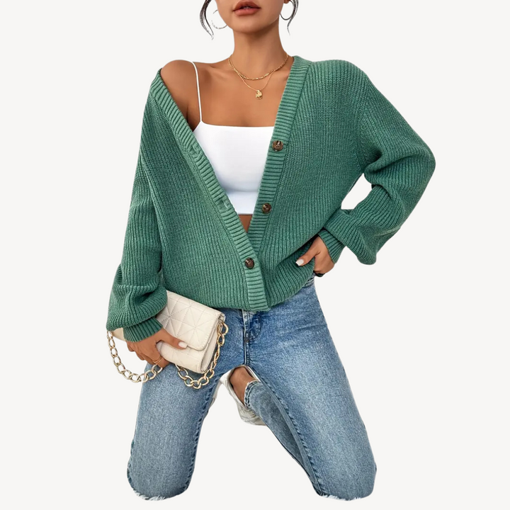 Women's V-Neck Drop Shoulder Cardigan Sweater | Loravelle