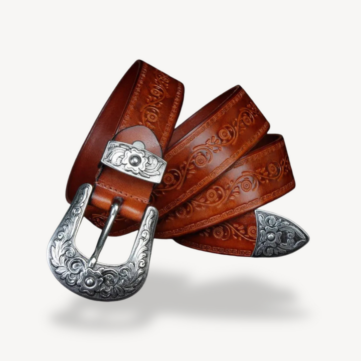Men's Western Embossed Leather Belt with Floral Buckle | Loravelle