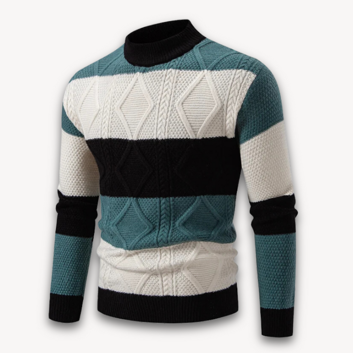 Loravelle Men's Striped Geometric Knit Sweater - Soft Cotton Blend, Crewneck