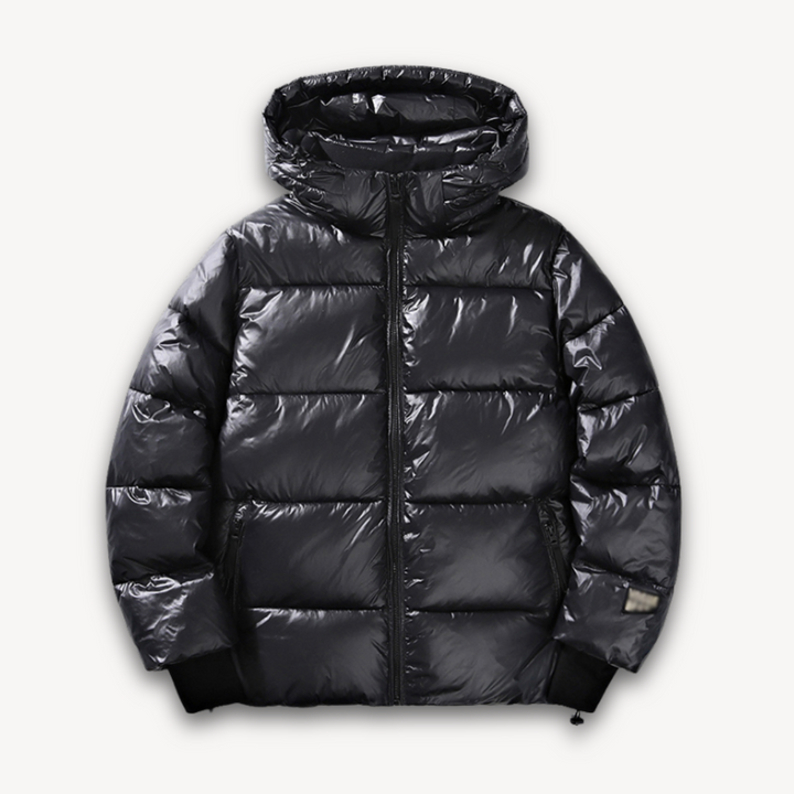 Loravelle | Men's Shiny Black Puffer Jacket - Hooded, Lightweight, Winter Wear - Water-Resistant Outerwear