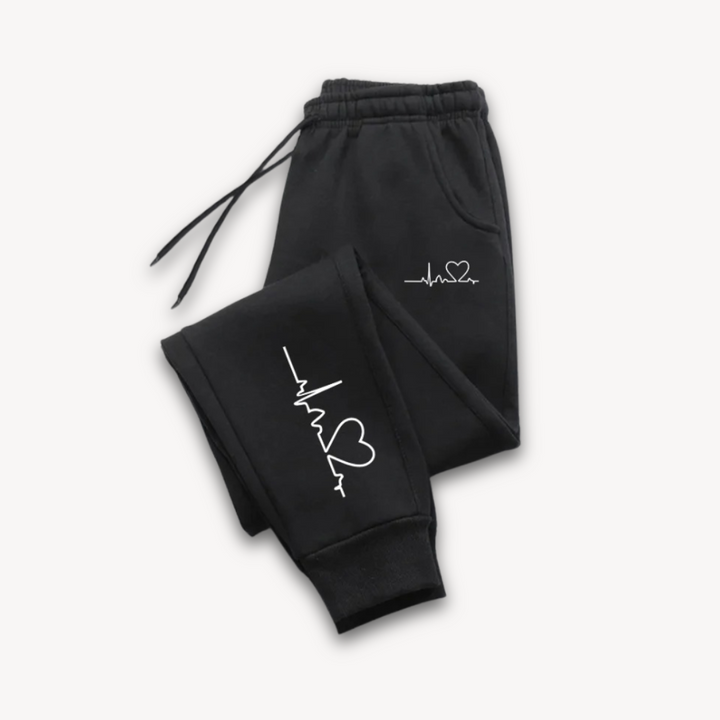 Loravelle | Men's Black Cotton Jogger Pants - Heartbeat Design - Comfortable Casual Sweatpants