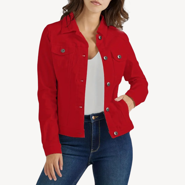 Red Denim Button-Up Jacket | Loravelle