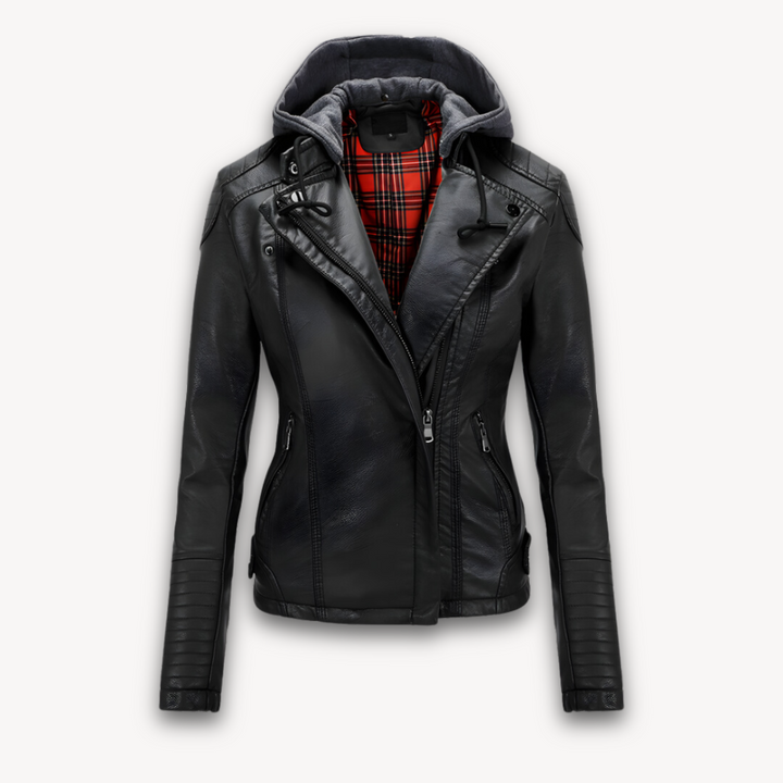 Loravelle | Women's Black Leather Jacket with Hood - Faux Leather, Plaid Lining, Stylish Biker Design - Winter Wear