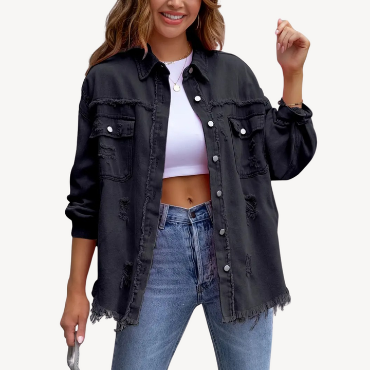 Black Distressed Denim Button-Up Jacket | Loravelle