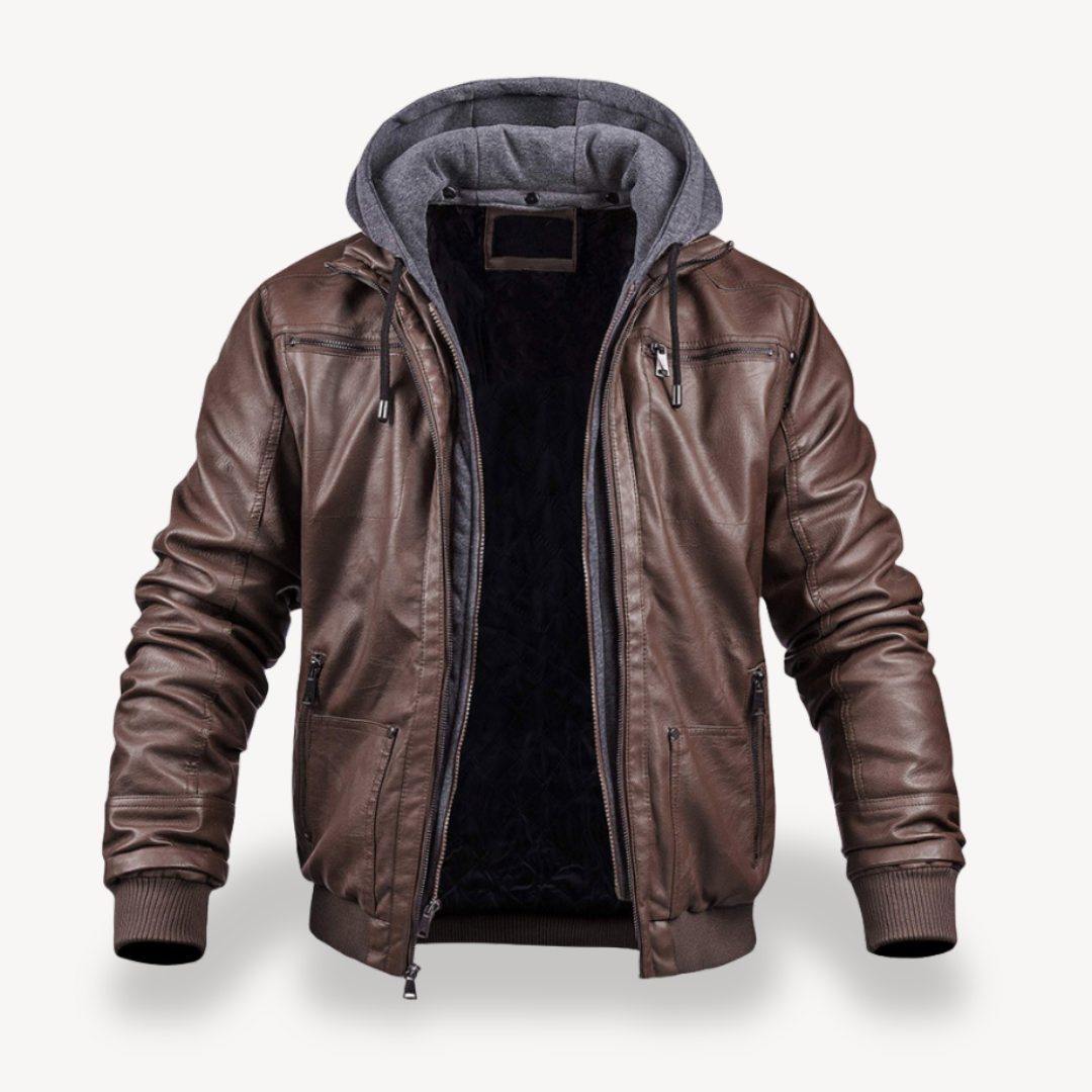 Men's Faux Leather Bomber Jacket with Hood | Loravelle