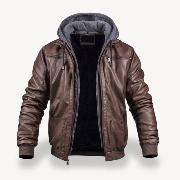 Men's Faux Leather Bomber Jacket with Hood | Loravelle