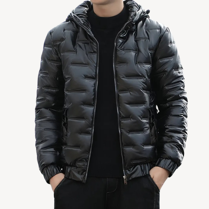 Men's Shiny Black Hooded Puffer Jacket | Loravelle