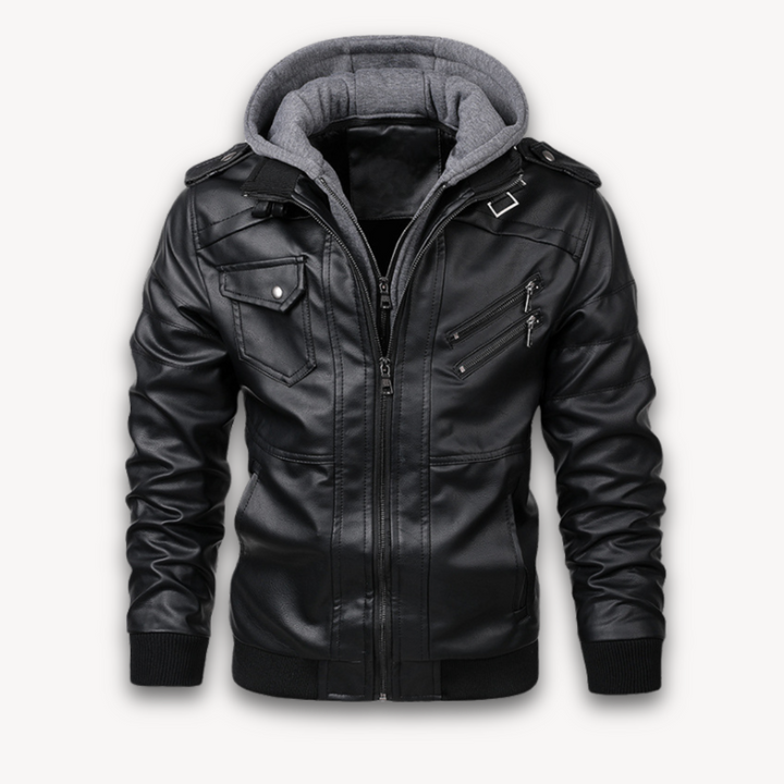 Loravelle | Men's Faux Leather Hooded Jacket - Casual Winter Coat with Removable Hood