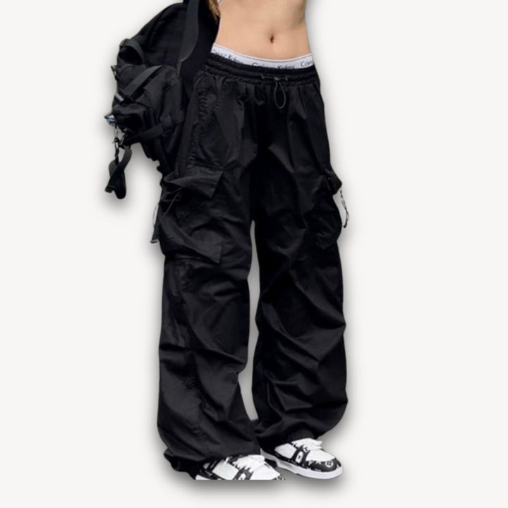 Loravelle | Women's Y2K Black Parachute Pants - Oversized Cargo Streetwear with Pockets - Harajuku Wide-Leg Baggy Sweatpants X