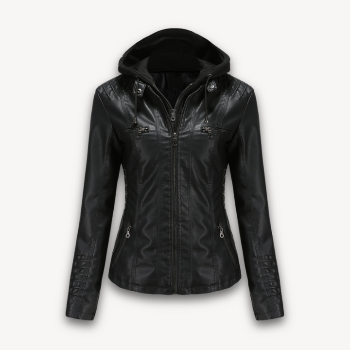 Loravelle | Women's Black Faux Leather Jacket with Hood - Slim Fit Biker Style for Adults, Winter Wear