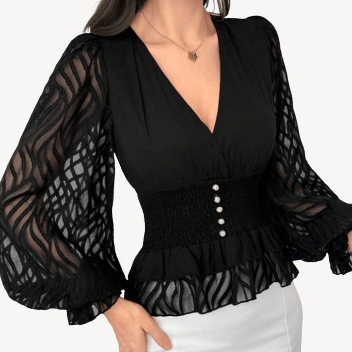 Black Sheer Sleeve Peplum Top | Loravelle
