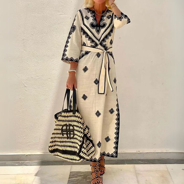 Women's Kaftan Maxi Dress Embroidered V-Neck | Loravelle