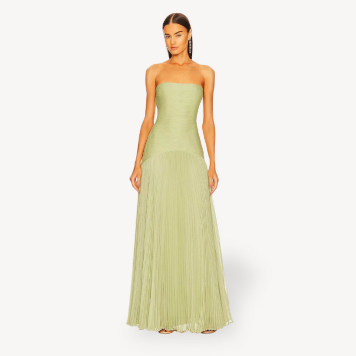 Women's Green Pleated Strapless Gown | Loravelle