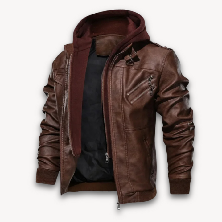 Loravelle | Men's Faux Leather Jacket with Hood