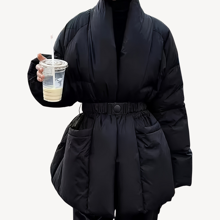 Women’s Black Puffer Jacket with Belt – Polyester | Loravelle