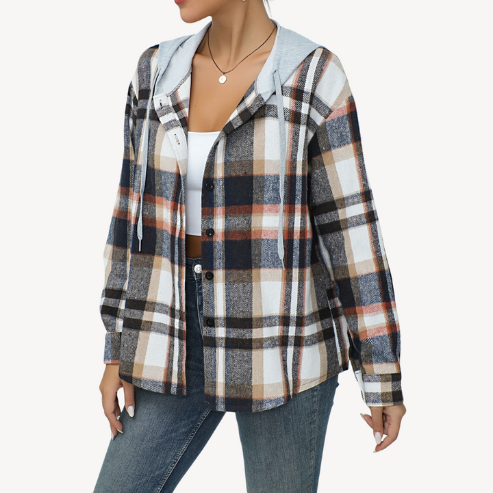 Women's Plaid Button Down Shaket with Hoodie | Loravelle