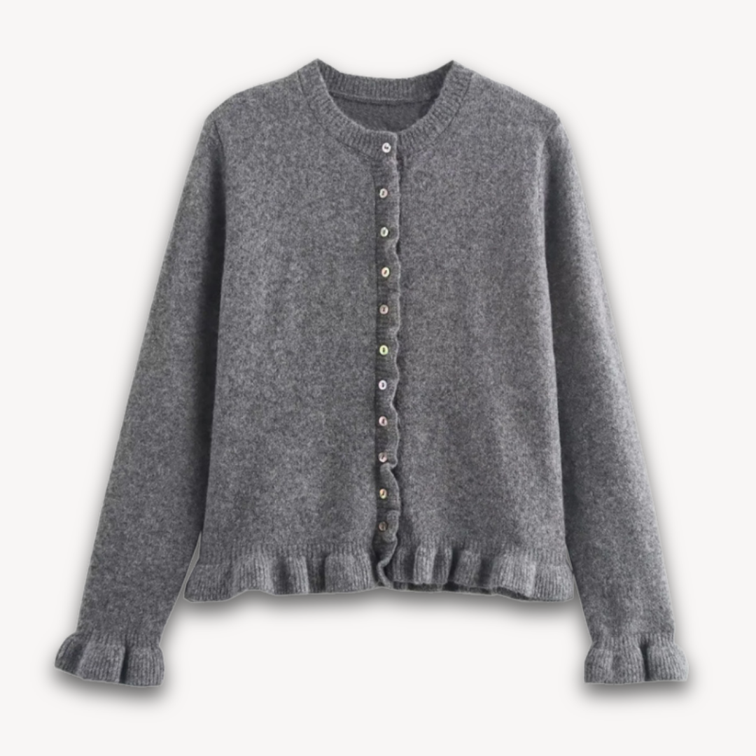 Loravelle | Women’s Ruffled Crop Cardigan - Blue Gray Knitted Long Sleeve Autumn Sweater, Korean Style Outwear