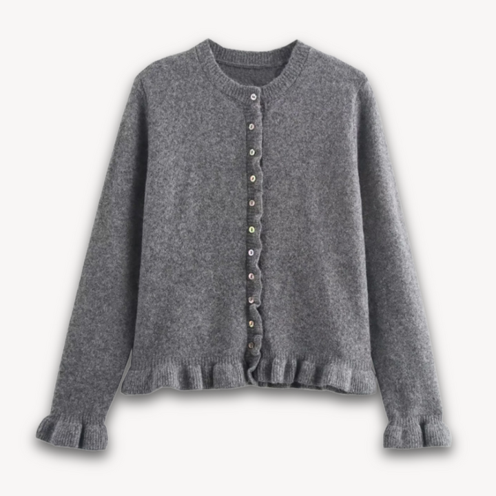 Loravelle | Women’s Ruffled Crop Cardigan - Blue Gray Knitted Long Sleeve Autumn Sweater, Korean Style Outwear