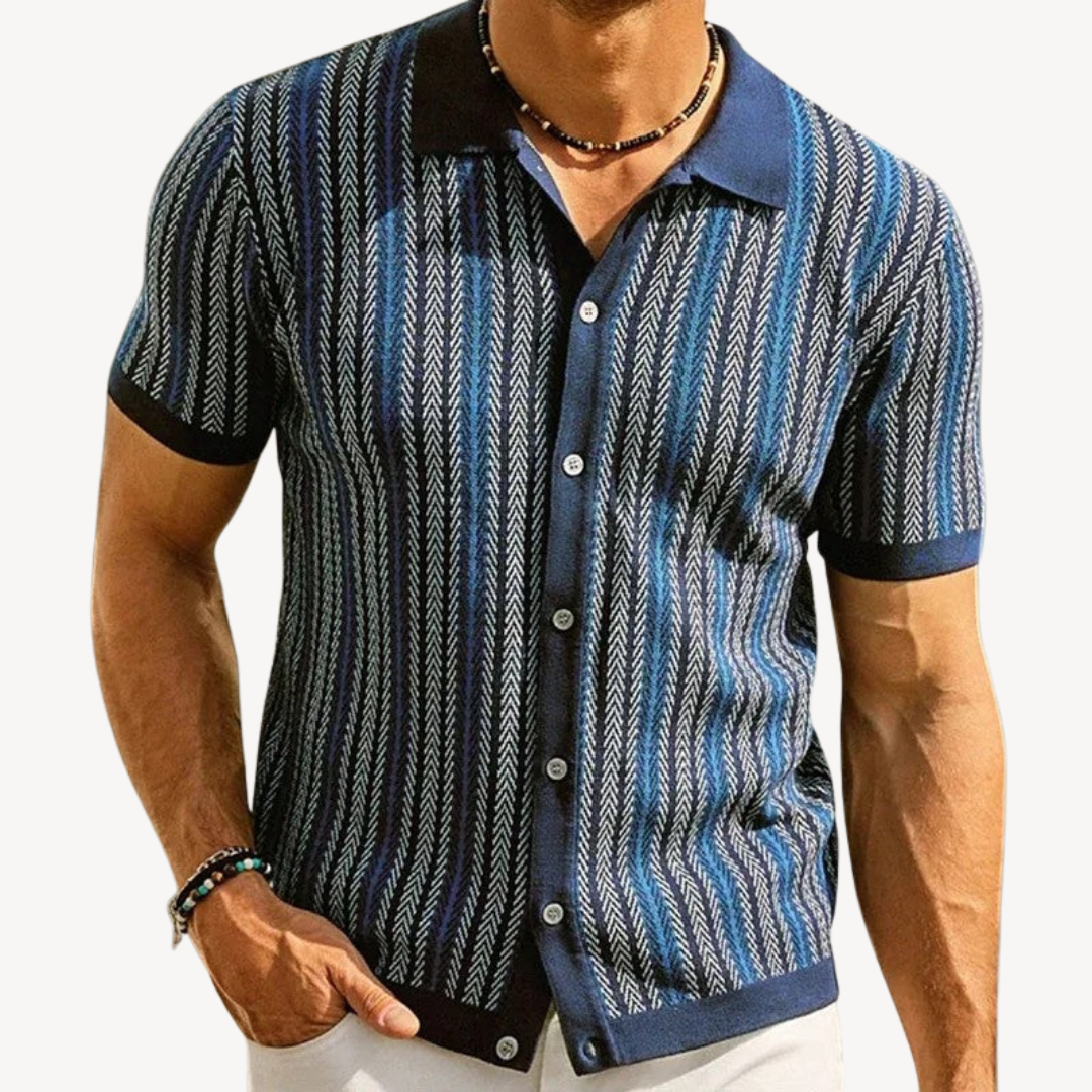 Men's Striped Knit Polo Shirt with Short Sleeve | Loravelle