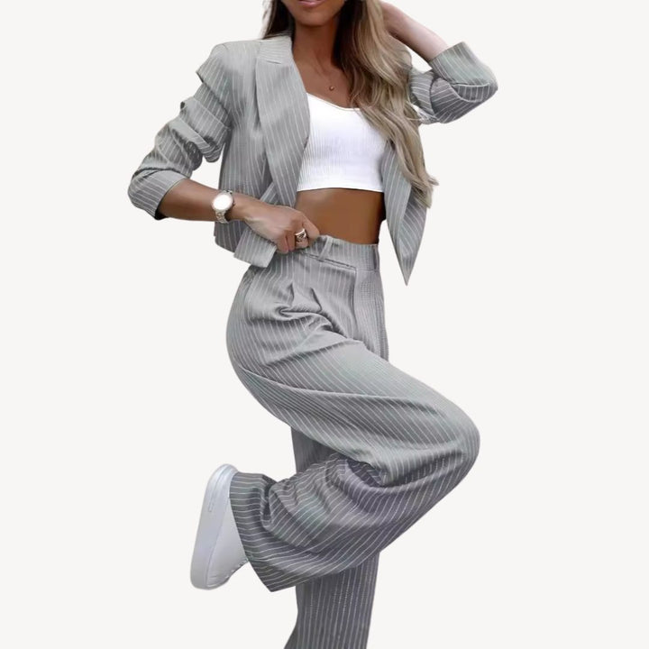 Textured Striped Cropped Blazer Pants Suit Women | Loravelle