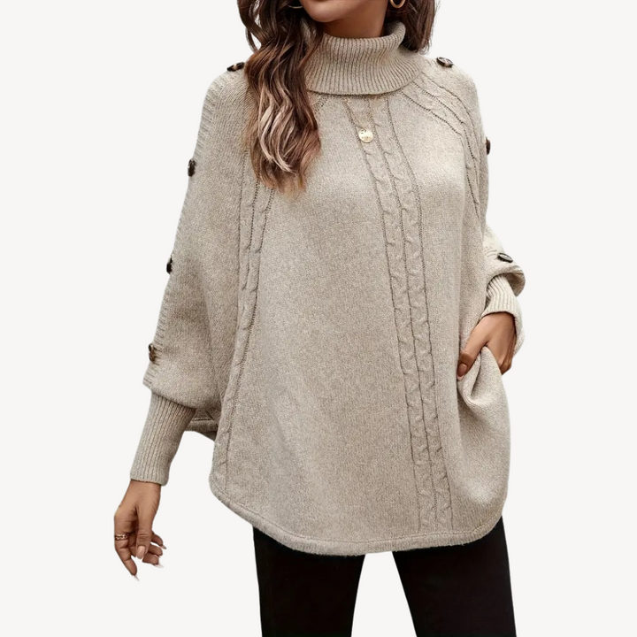Cable Knit Poncho Sweater with Button Detail for Women | Loravelle