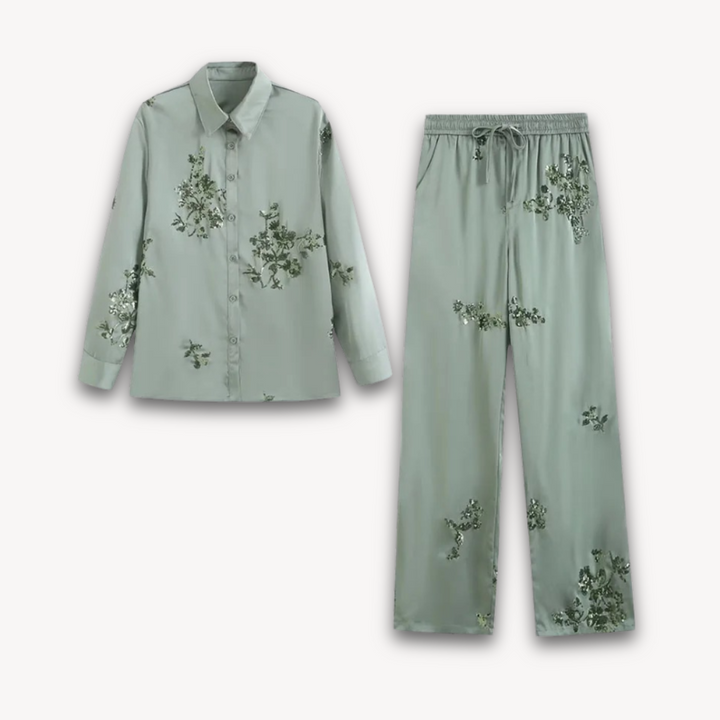 Loravelle | Women's Green Sequin Shirt and Pants Set - Elegant Two-Piece Satin Outfit