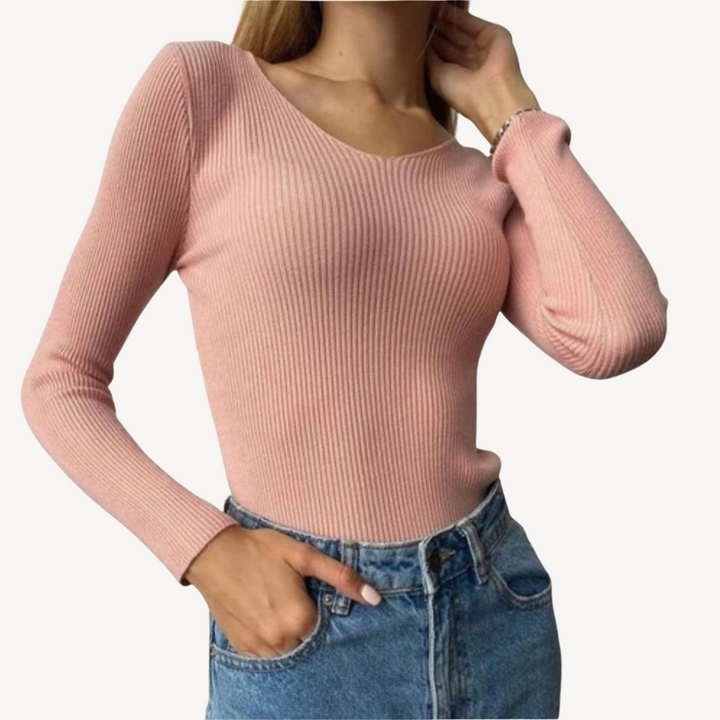 Deep V-Neck Ribbed Knit Sweater Women | Loravelle