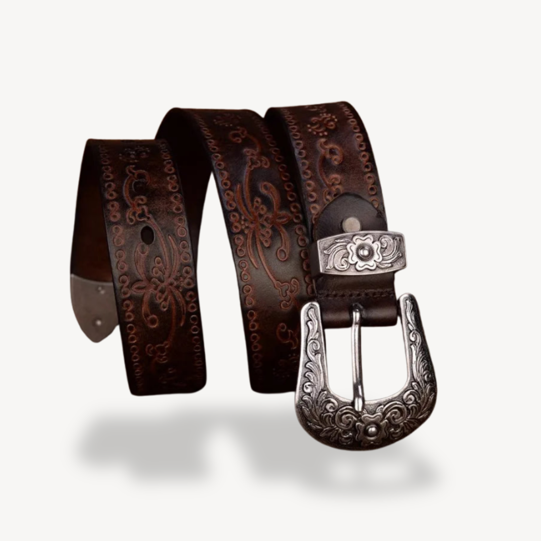 Men's Western Embossed Leather Belt with Floral Buckle | Loravelle