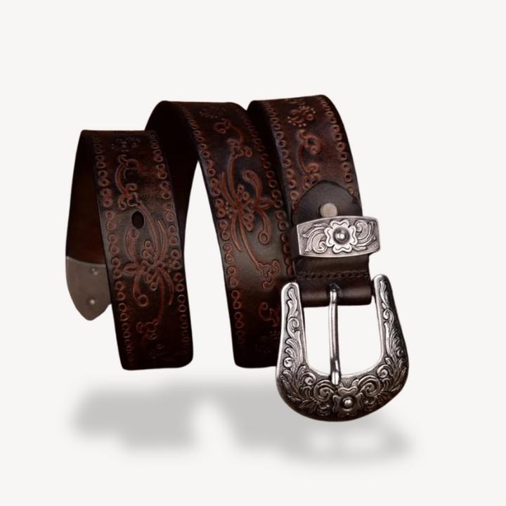 Men's Western Embossed Leather Belt with Floral Buckle | Loravelle