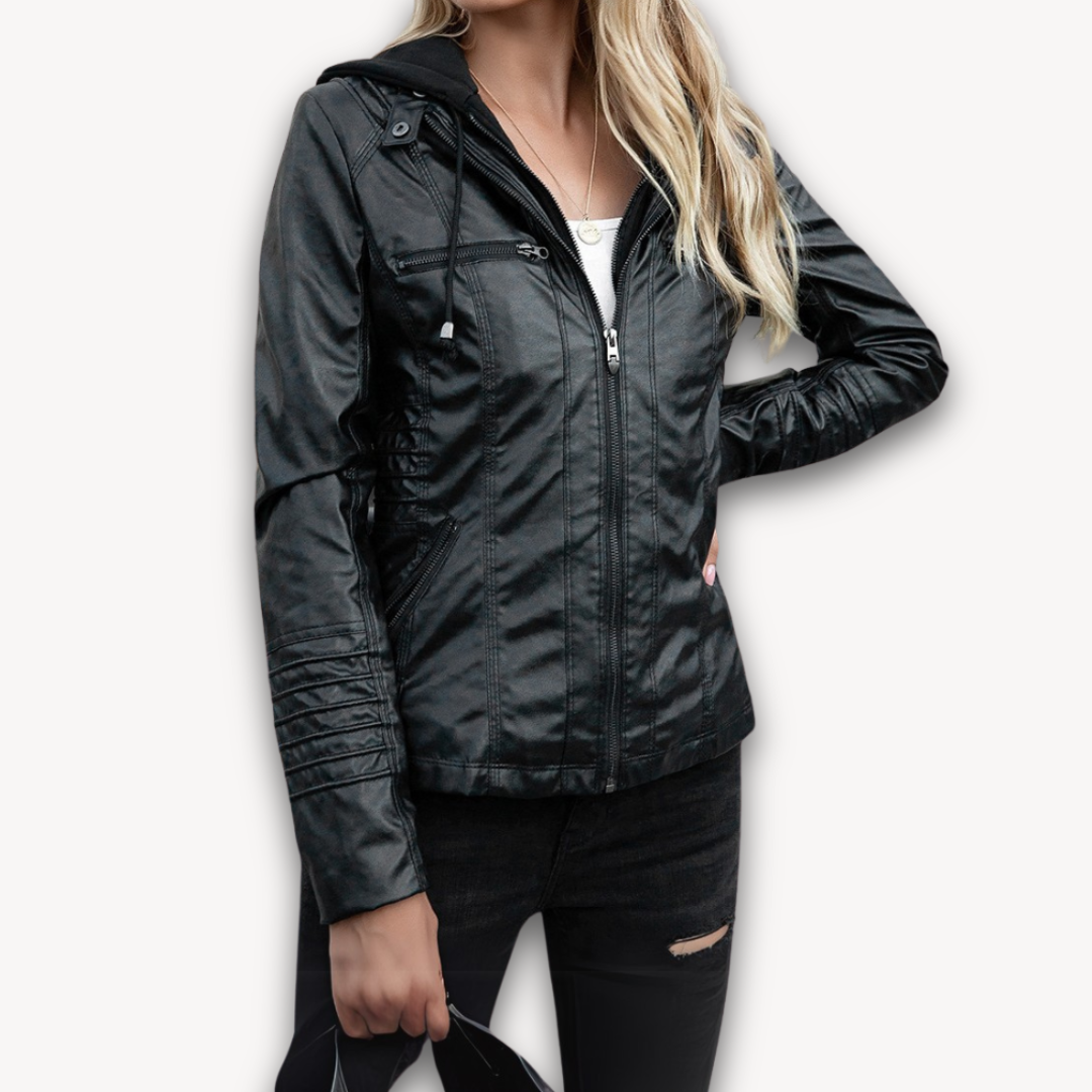 Loravelle | Women's Black Faux Leather Jacket with Hood - Slim Fit Biker Style for Adults, Winter Wear