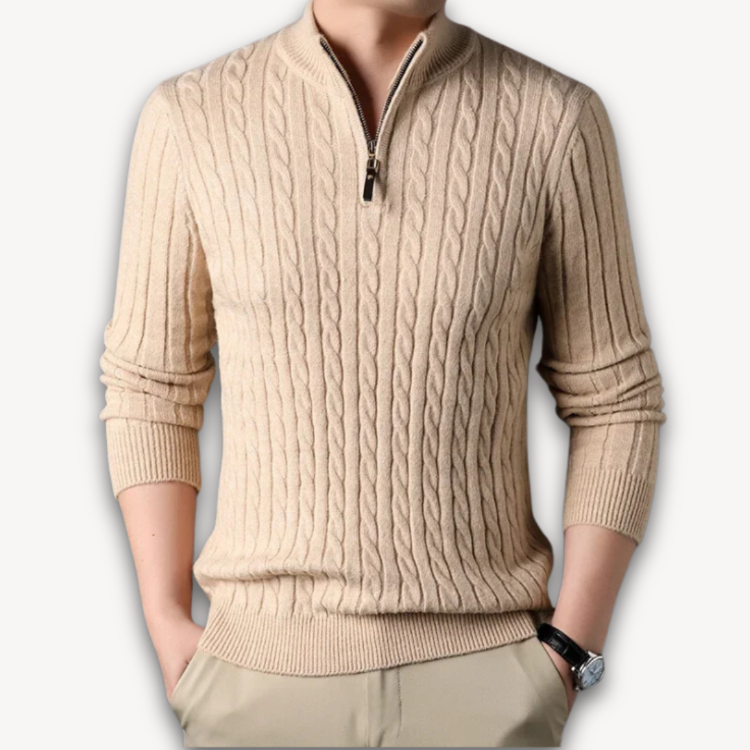 Loravelle | Men's Ribbed Knit Half-Zip Sweater - Soft Cotton Blend, Warm Cable Design