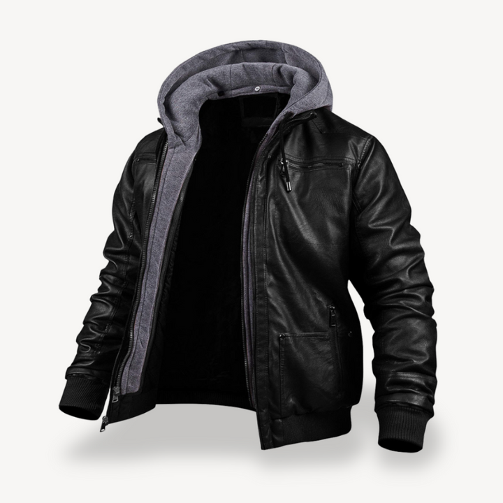 Men's Faux Leather Bomber Jacket with Hood | Loravelle