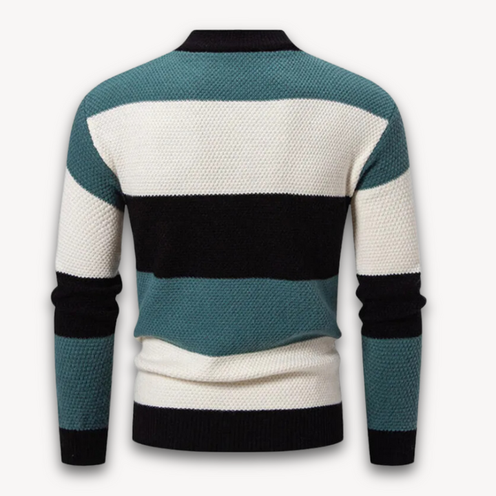 Loravelle Men's Striped Geometric Knit Sweater - Soft Cotton Blend, Crewneck